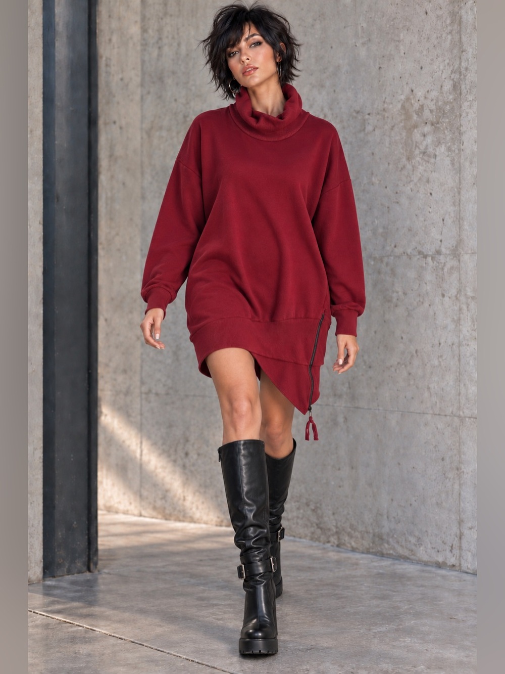 BTFBM Burgundy Oversized Cowl Neck Asymmetrical Zipper Sweatshirt Dress XL
